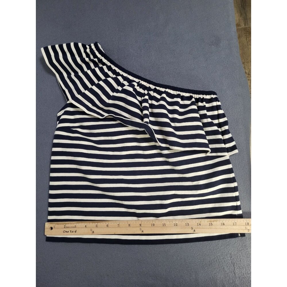 J. Crew One Shoulder Striped Ruffle Top Navy Cream SZ XS Preppy Cotton Classic - Picture 7 of 10